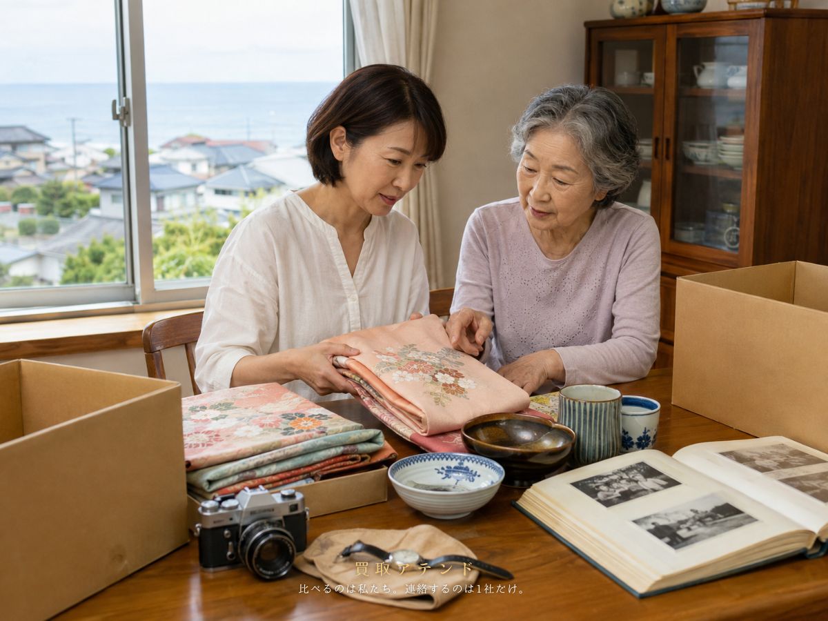 日本人親子が三宅村の自宅で引越しや実家整理に伴う品物を確認しているイメージ