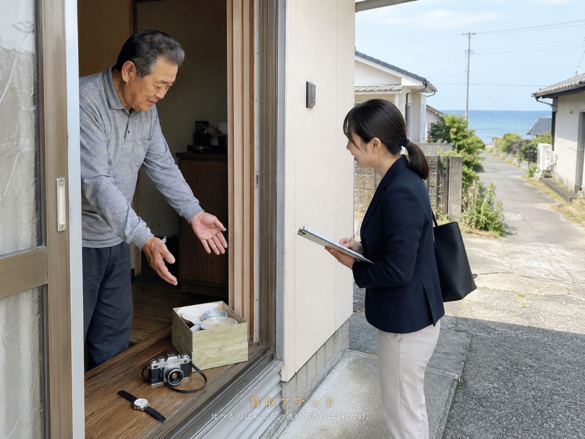 三宅村の戸建て玄関で住人が出張買取スタッフに品物を見せているイメージ