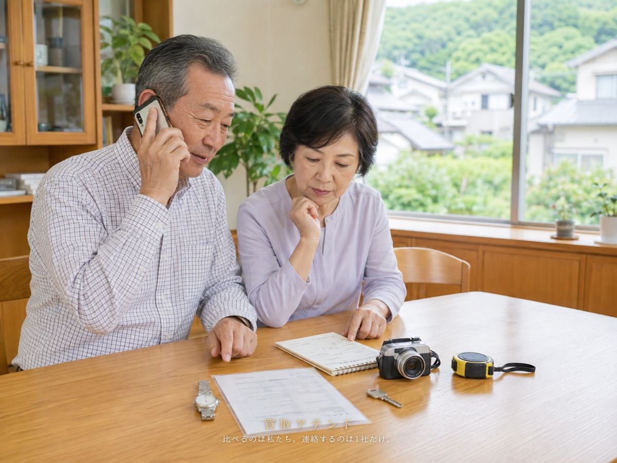 日本人夫婦が三宅村の出張買取相談内容を電話とメモで確認しているイメージ