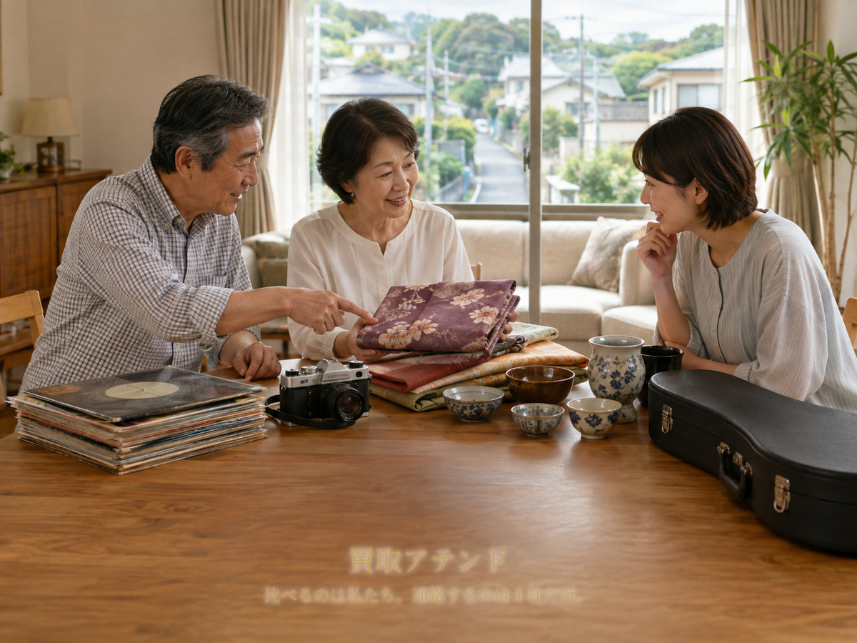 川崎市宮前区で家族と出張買取の相談品を確認するイメージ 川崎市宮前区の自宅で家族が着物や食器、カメラ、レコードなどの相談品を確認するイメージ