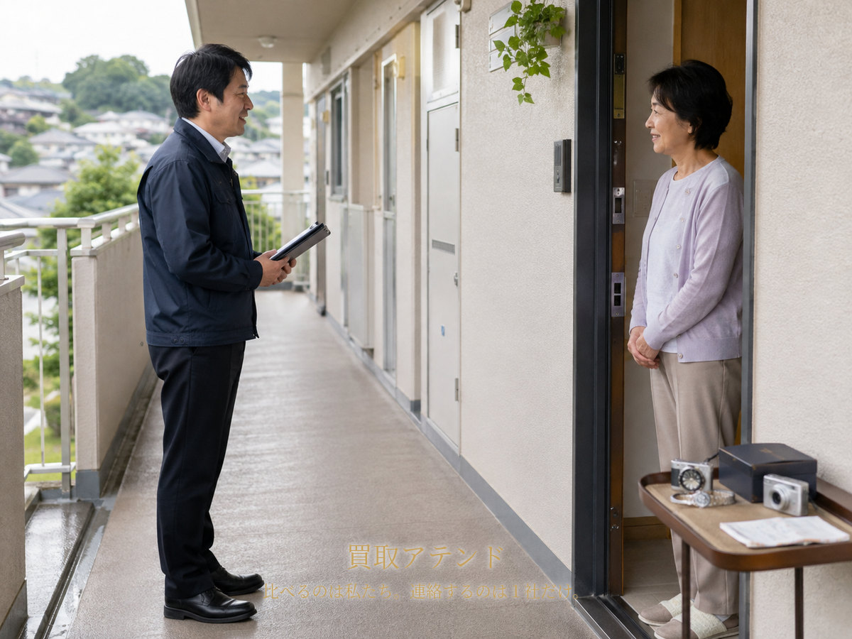 川崎市宮前区の玄関で行う出張買取査定のイメージ 川崎市宮前区の集合住宅玄関で住人が室内側、紹介先スタッフが共用廊下側から相談品を確認するイメージ
