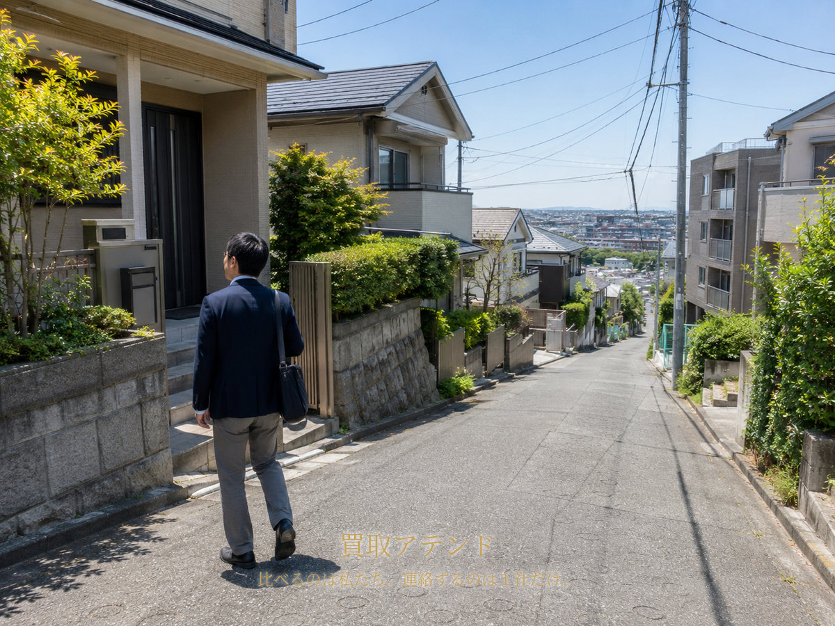川崎市宮前区の住宅街へ出張買取スタッフが訪問するイメージ 川崎市宮前区の坂のある住宅街で出張買取スタッフが住宅へ向かうイメージ