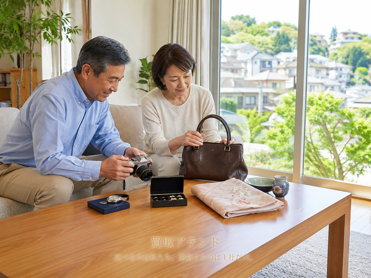 川崎市宮前区で出張買取を相談できる品物のイメージ 川崎市宮前区の丘陵住宅地を望む自宅で夫婦が時計やカメラなどの相談品を確認するイメージ