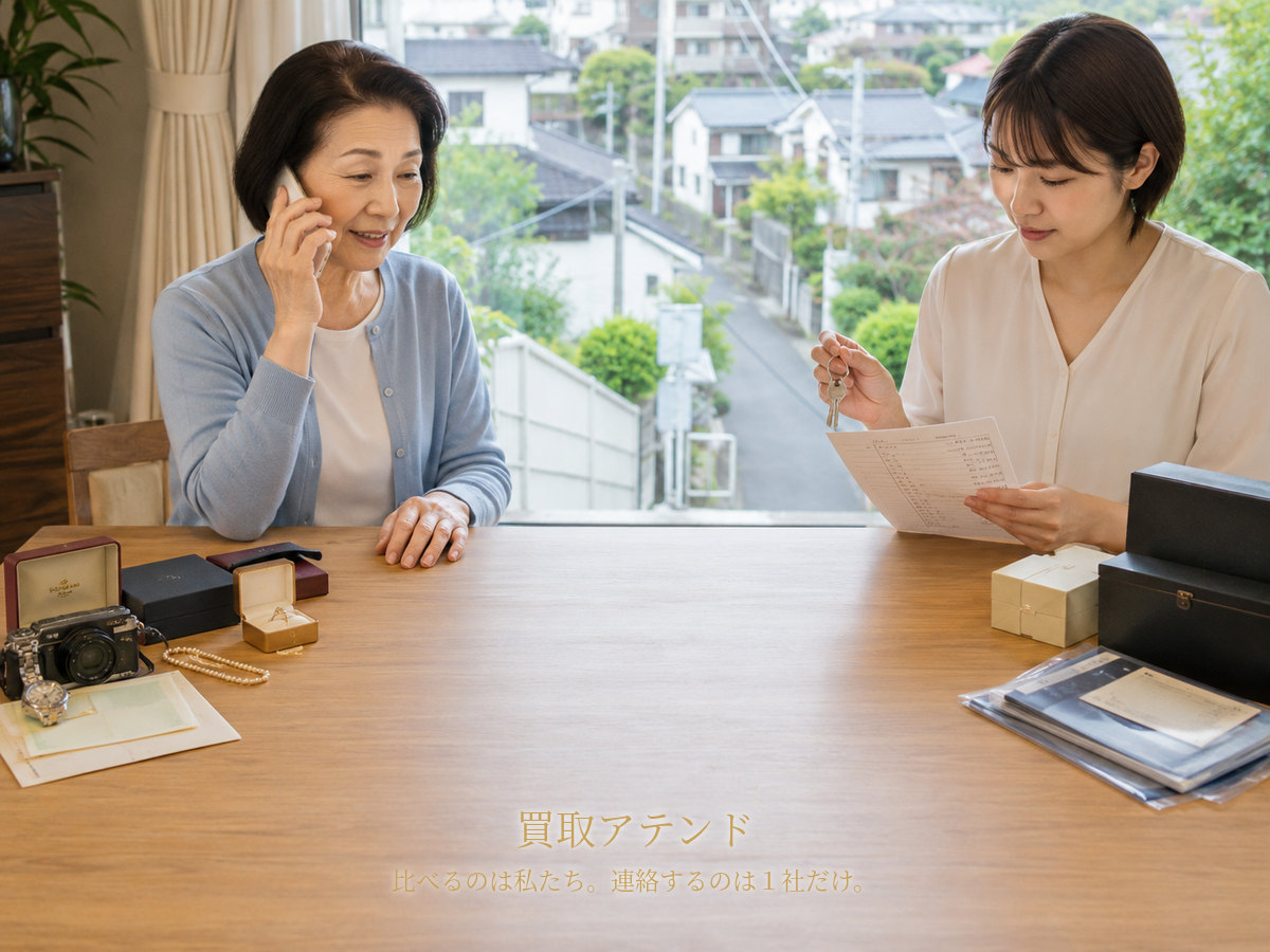 川崎市宮前区の出張買取相談前に確認するイメージ 川崎市宮前区の自宅で家族が電話しながら品物や保証書、鍵、建物条件を確認するイメージ