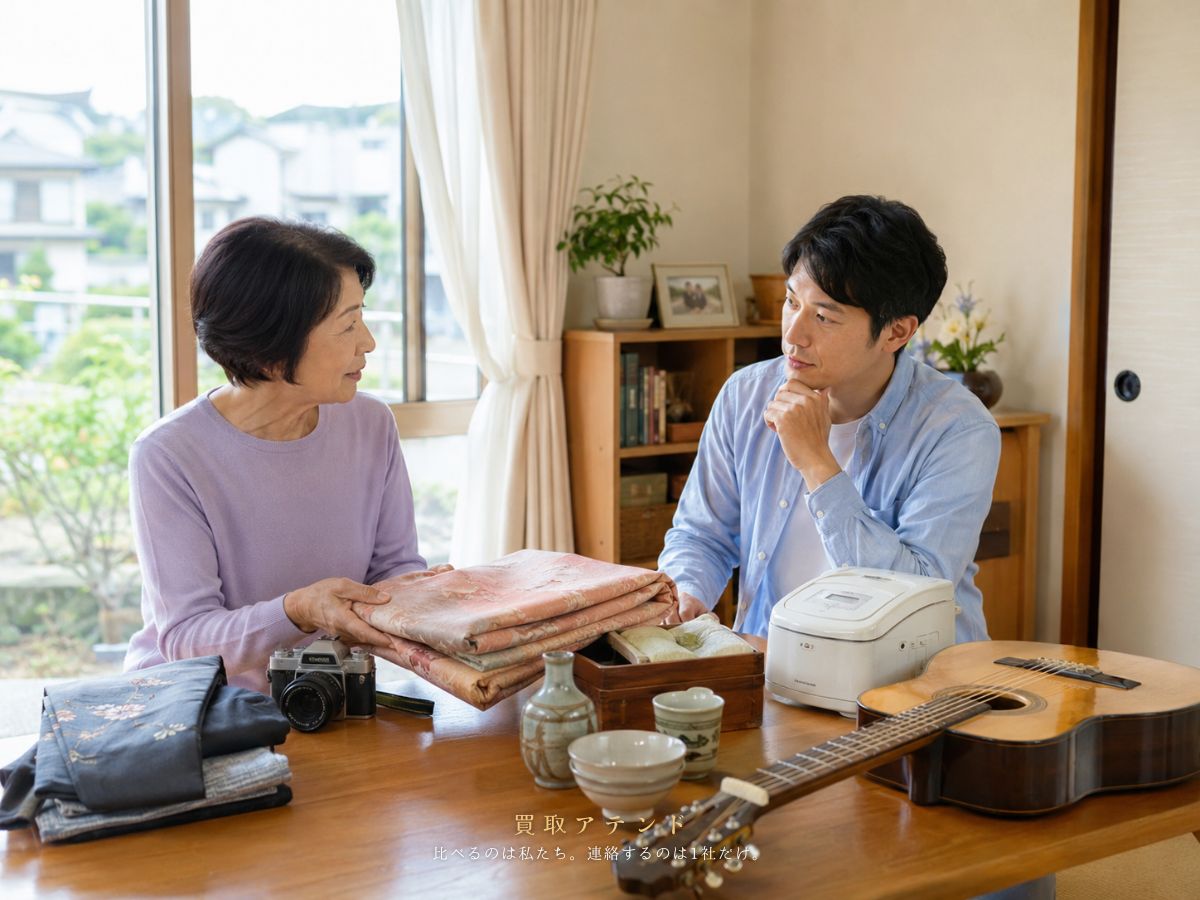 日本人家族が瑞穂町の戸建てで出張買取に相談する品物を整理しているイメージ