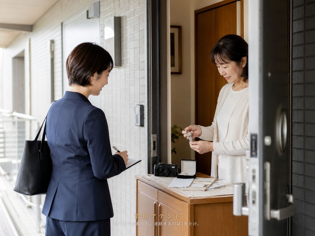 瑞穂町の集合住宅の玄関で住人と出張買取スタッフが品物を確認しているイメージ