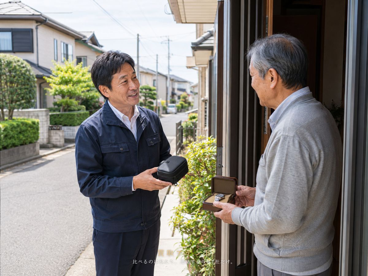 瑞穂町の戸建て住宅前で出張買取スタッフと住人が玄関越しに確認しているイメージ