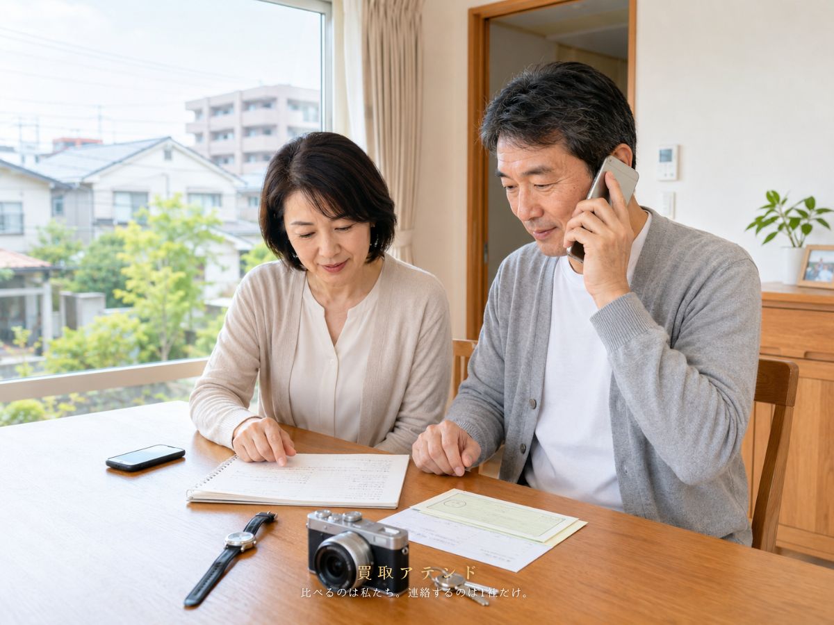 日本人夫婦が瑞穂町の出張買取相談内容を電話とメモで確認しているイメージ