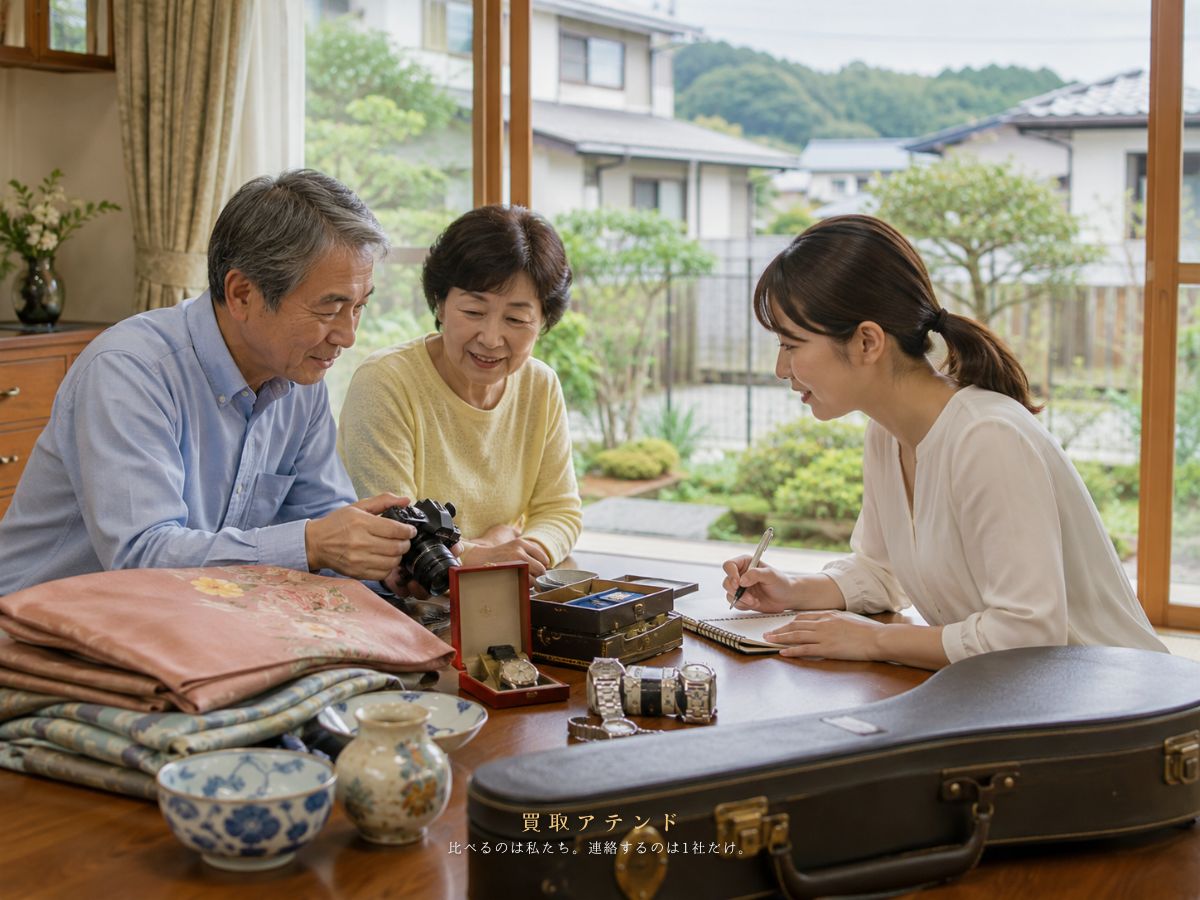 武蔵村山市の自宅で出張買取の相談品を整理するイメージ 日本人家族が武蔵村山市の自宅で出張買取の相談品を整理しているイメージ