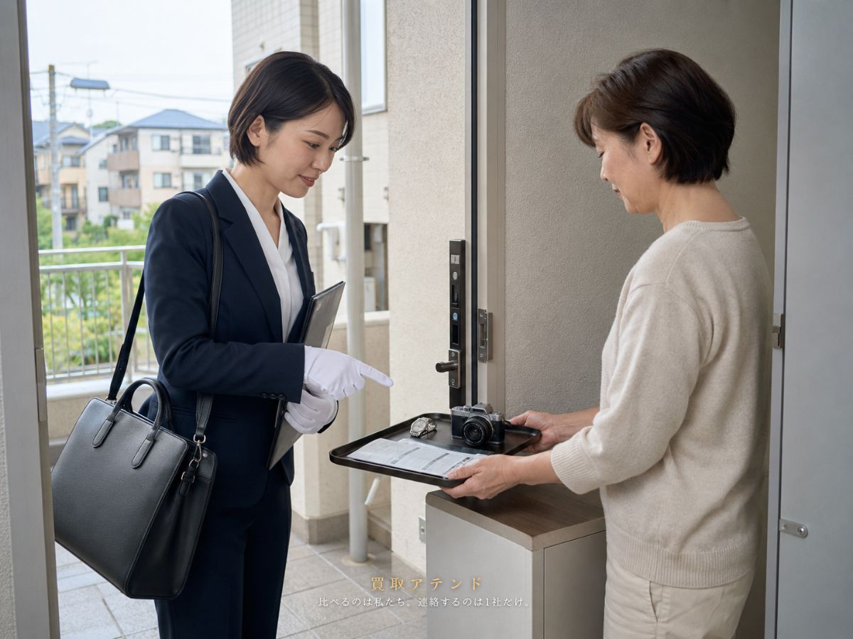 武蔵村山市の住宅玄関で出張買取品を確認するイメージ 武蔵村山市の住宅玄関で住人と出張買取スタッフが査定品を確認しているイメージ