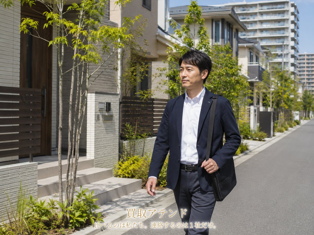 流山市の戸建てと集合住宅が混在する住宅街を出張買取スタッフが訪問するイメージ