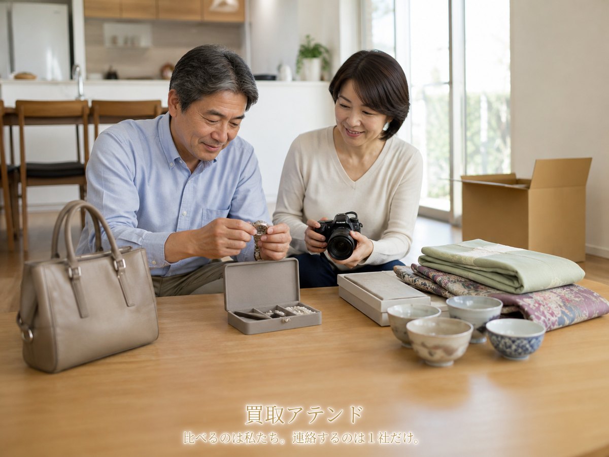 流山市の明るい住宅で夫婦が時計やカメラ、着物、食器などの相談品を確認しているイメージ