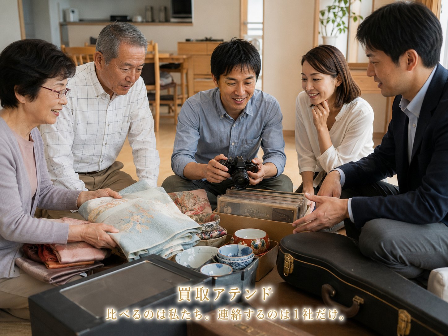 横浜市中区の自宅で家族が住み替えや親族宅整理に伴う出張買取を相談しているイメージ