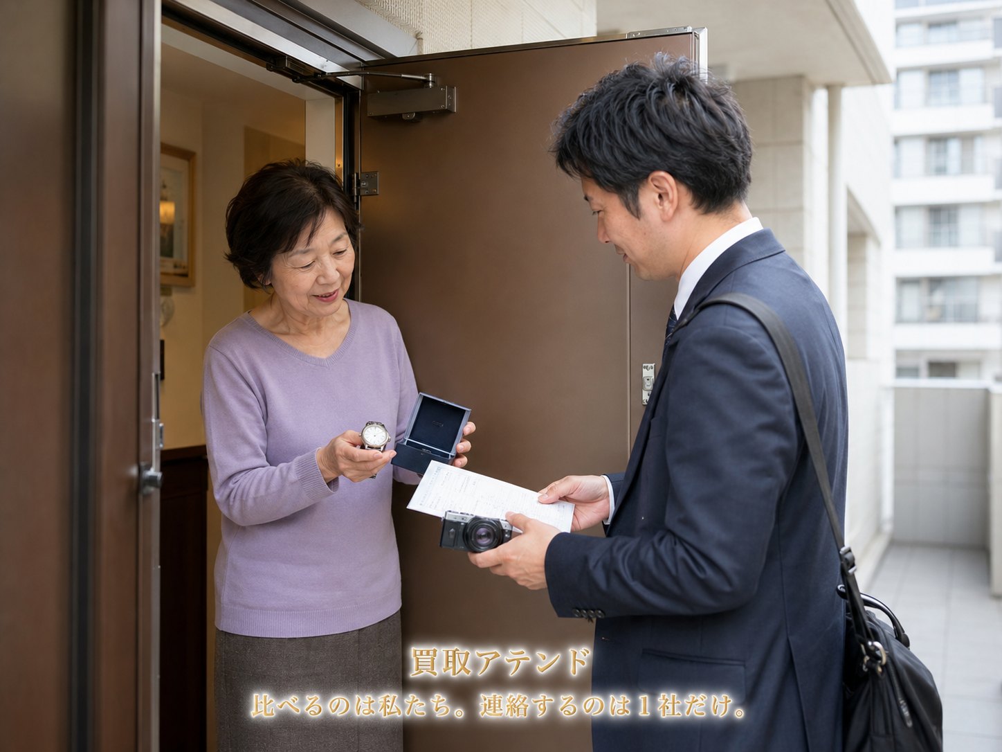 横浜市中区の住宅玄関で住人が室内側、紹介先スタッフが外側から相談内容を確認しているイメージ