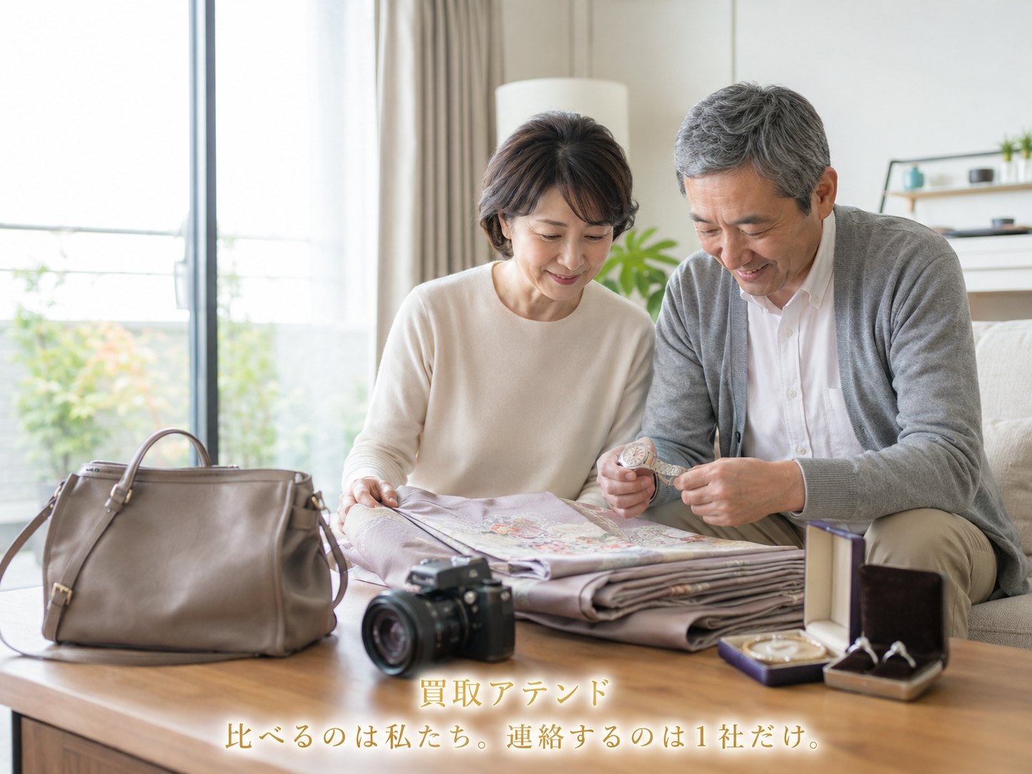 横浜市中区の自宅で家族がバッグや時計、カメラ、ジュエリー、着物などの相談品を確認しているイメージ