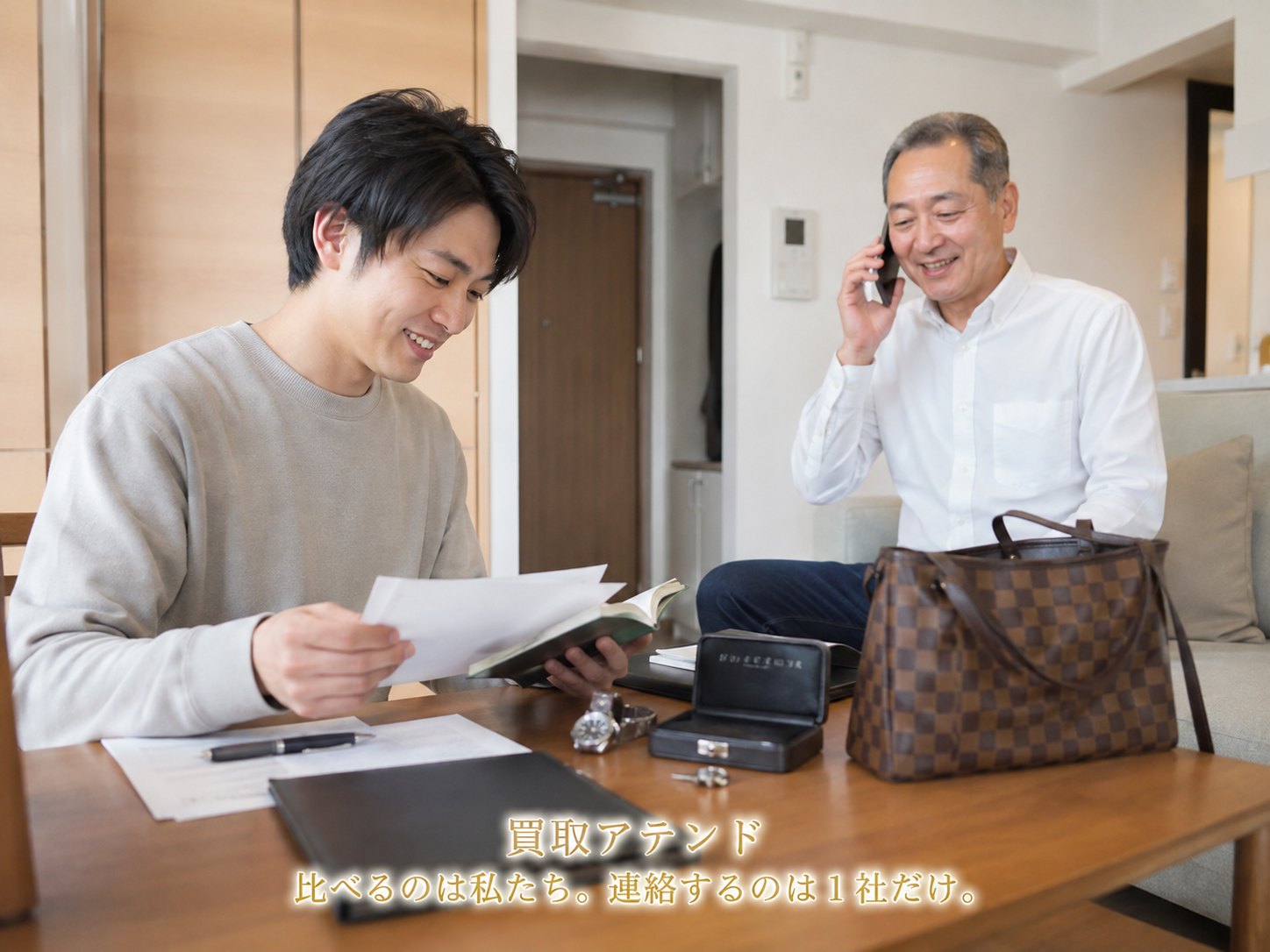 横浜市中区の出張買取相談前に電話とチェックリストで品物や建物条件を確認しているイメージ