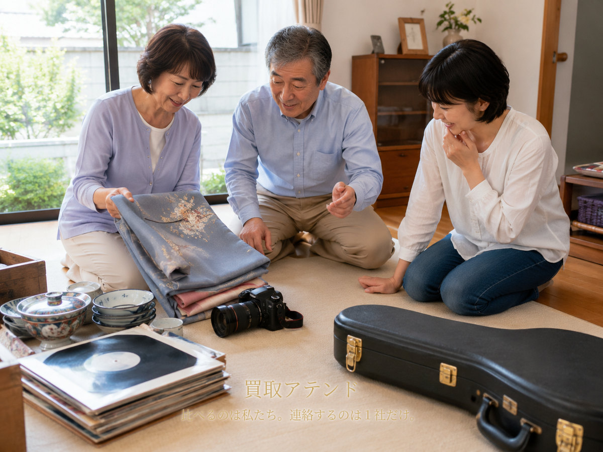 川崎市中原区の住宅で日本人家族が着物や食器、カメラ、レコード、楽器ケースを確認している様子