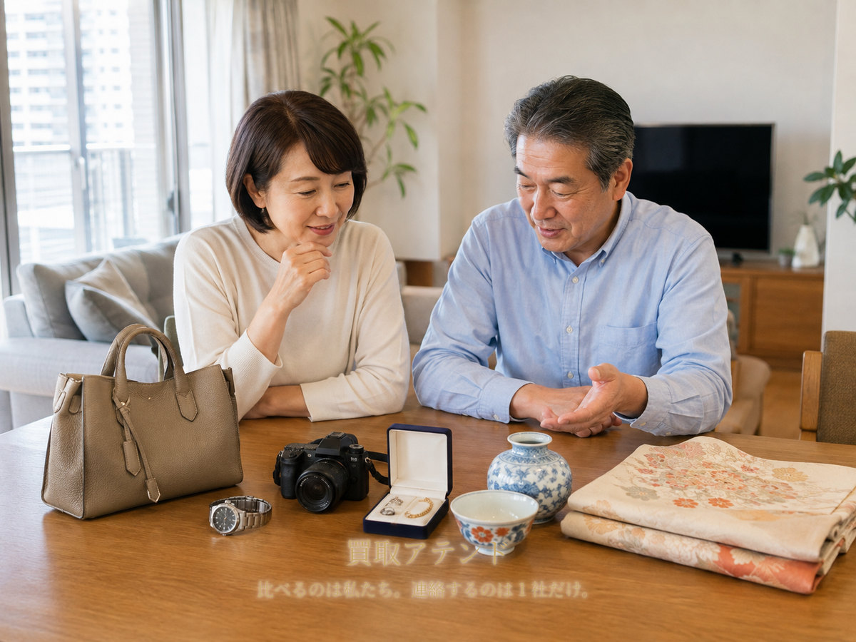 川崎市中原区のマンションで日本人夫婦がバッグや時計、カメラ、ジュエリー、食器、着物を確認している様子