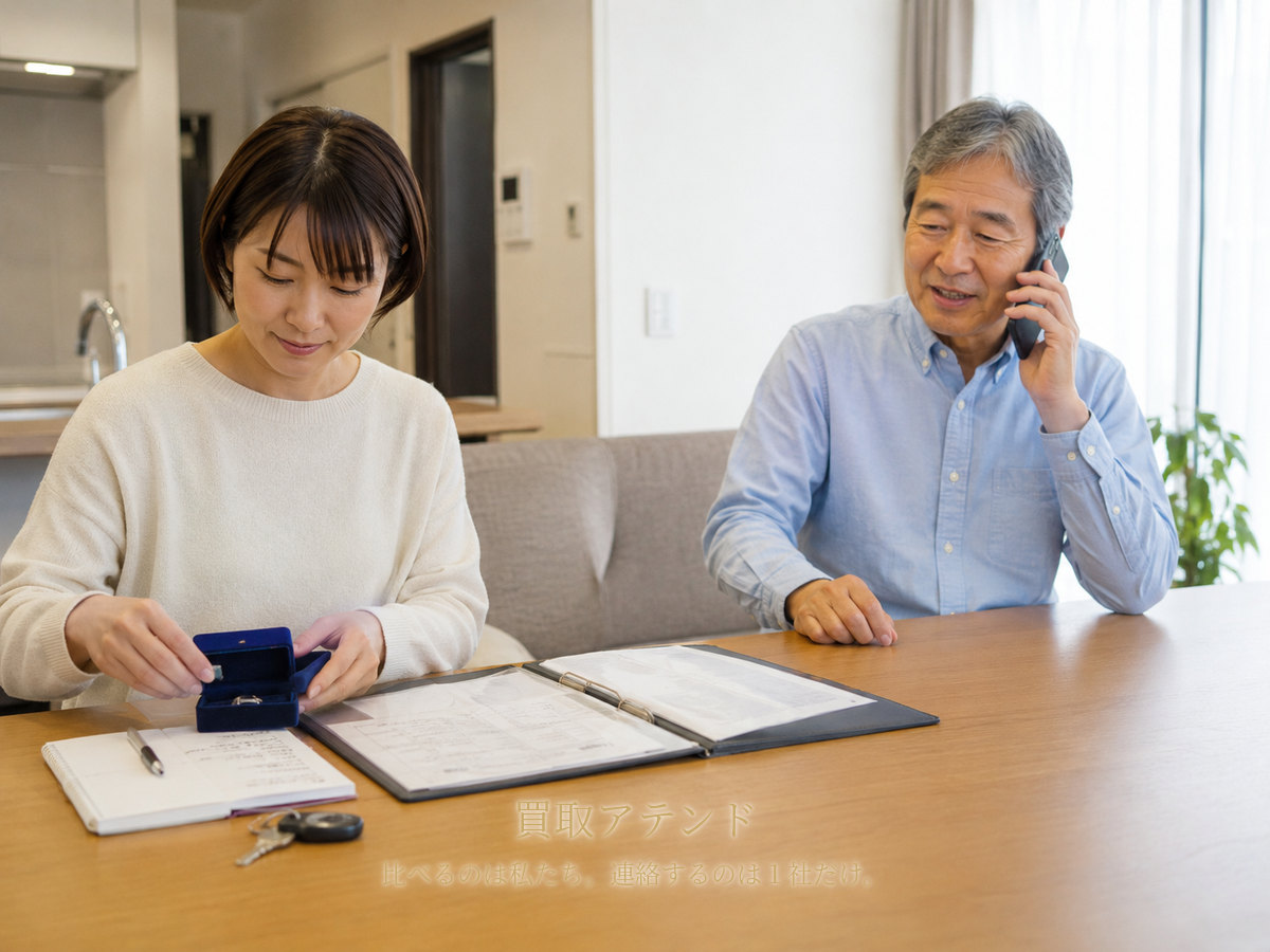 川崎市中原区の住宅で日本人家族が電話をしながら品物や保証書、鍵、建物条件を確認している様子