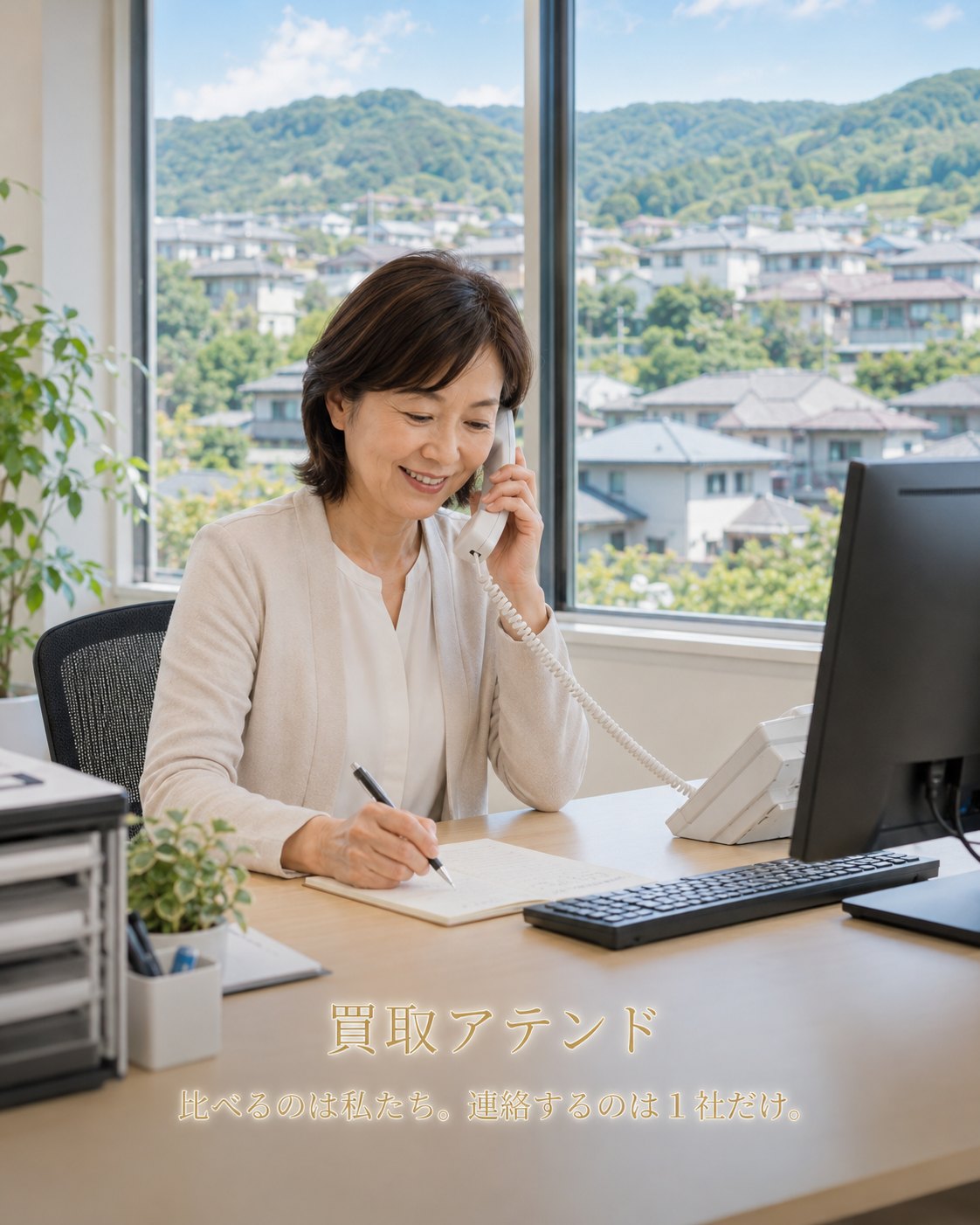 中井町の出張買取相談を電話確認するスタッフ 日本人スタッフが中井町の出張買取相談について電話で品物や訪問条件を確認している様子