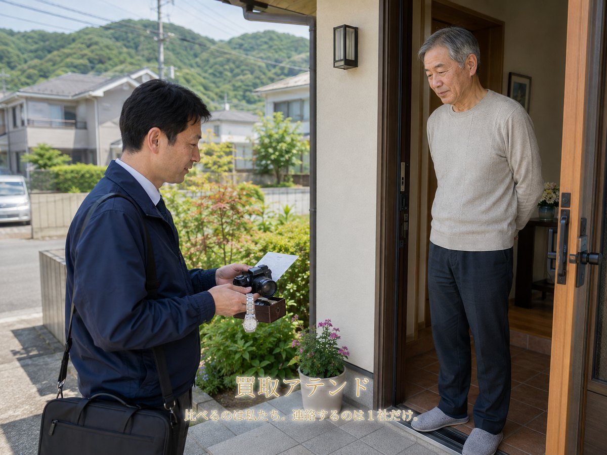 中井町の玄関で出張買取の査定を行う場面 中井町の住宅玄関で住人と紹介先の出張買取スタッフが品物を確認している様子