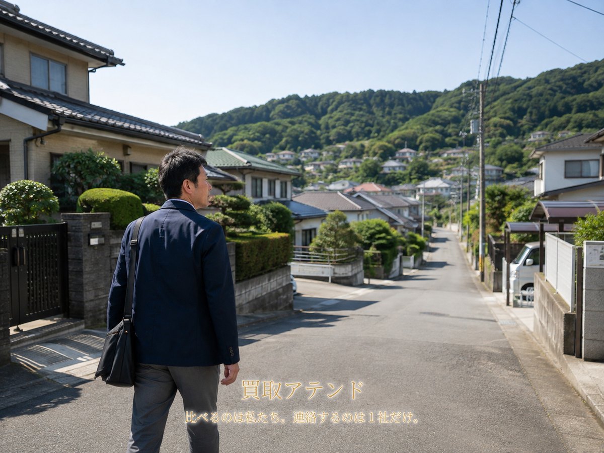 中井町の坂道のある住宅地へ出張買取スタッフが訪問するイメージ 中井町の坂道のある住宅地で出張買取スタッフが住宅へ向かっている様子