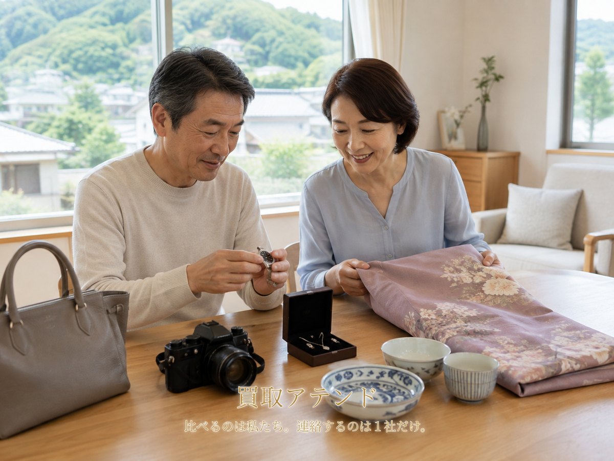 中井町の自宅で家族が出張買取の相談品を確認 中井町の自宅で年配の住人と家族が時計やカメラ、ジュエリー、食器などの相談品を確認している様子