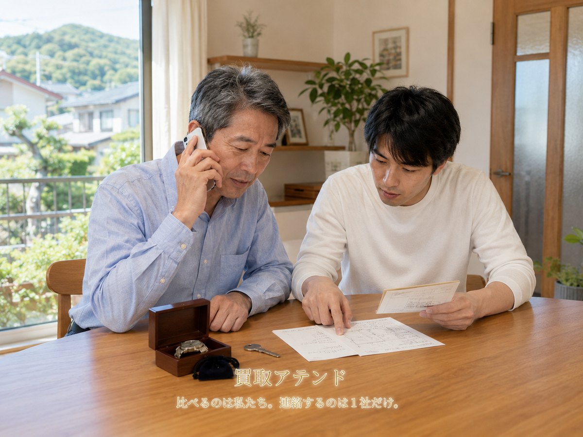 中井町の出張買取相談前に家族で品物と建物条件を確認するイメージ 中井町の自宅で50〜60代の日本人男性が電話をしながら家族と保証書や鍵、建物条件のメモを確認している様子