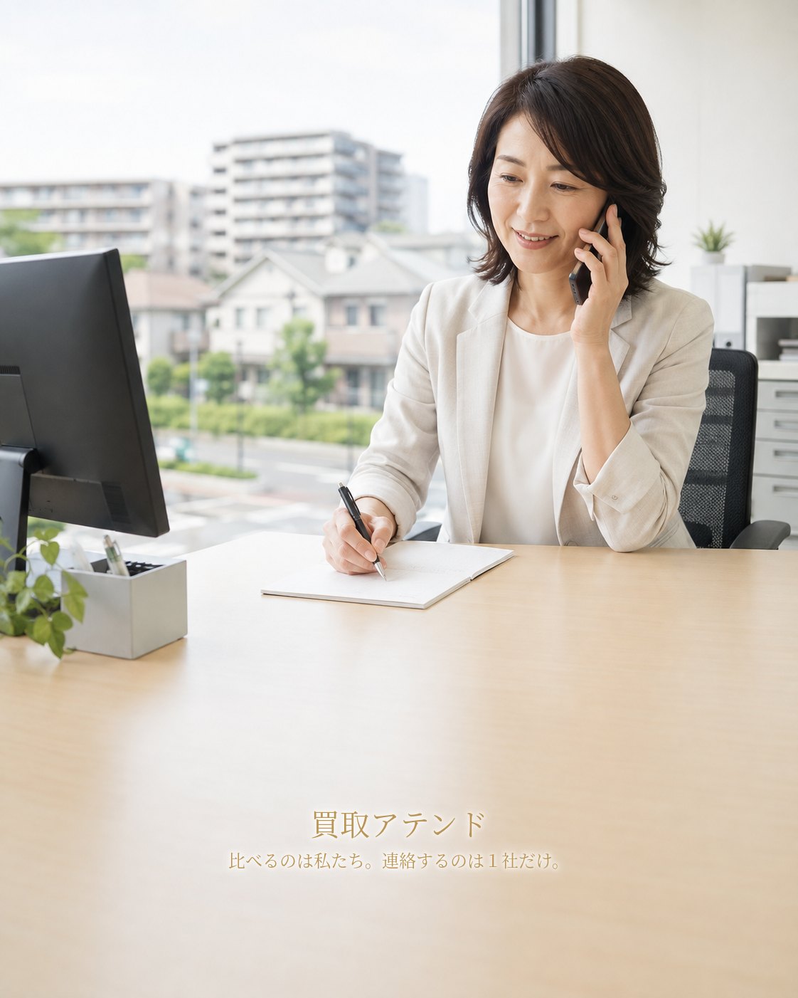 習志野市の出張買取相談を電話確認するイメージ 日本人スタッフが習志野市の出張買取相談をオフィスで電話確認しているイメージ