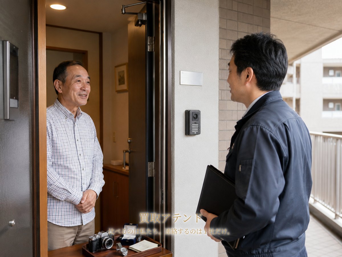 習志野市の集合住宅玄関で行う出張買取査定のイメージ 習志野市の集合住宅玄関で住人と紹介先スタッフが出張買取の品物を確認するイメージ