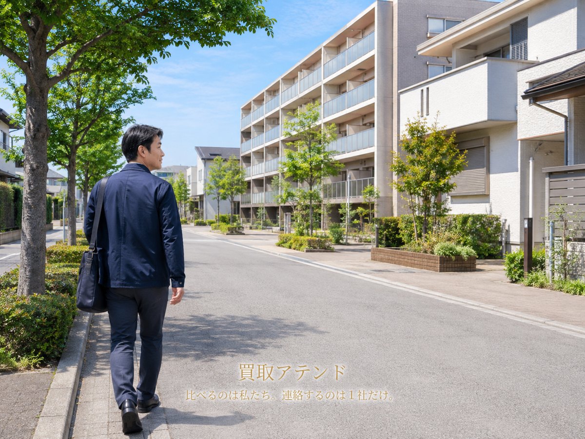 習志野市の住宅街へ出張買取で訪問するイメージ 習志野市の集合住宅と戸建てが並ぶ住宅街を出張買取スタッフが訪問するイメージ