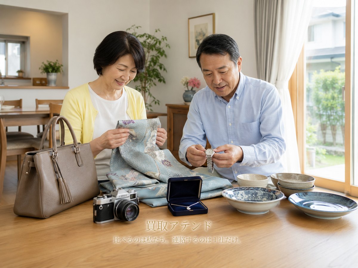 習志野市の出張買取相談品を確認するイメージ 習志野市の戸建てで夫婦が時計やカメラ、着物、食器などの相談品を確認しているイメージ