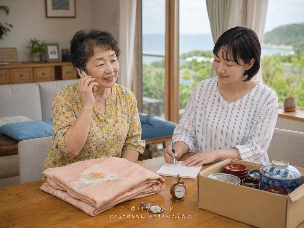 新島村で出張買取の相談内容を整理する親子のイメージ 日本人親子が新島村の住宅で出張買取の相談をしながら品物を確認しているイメージ