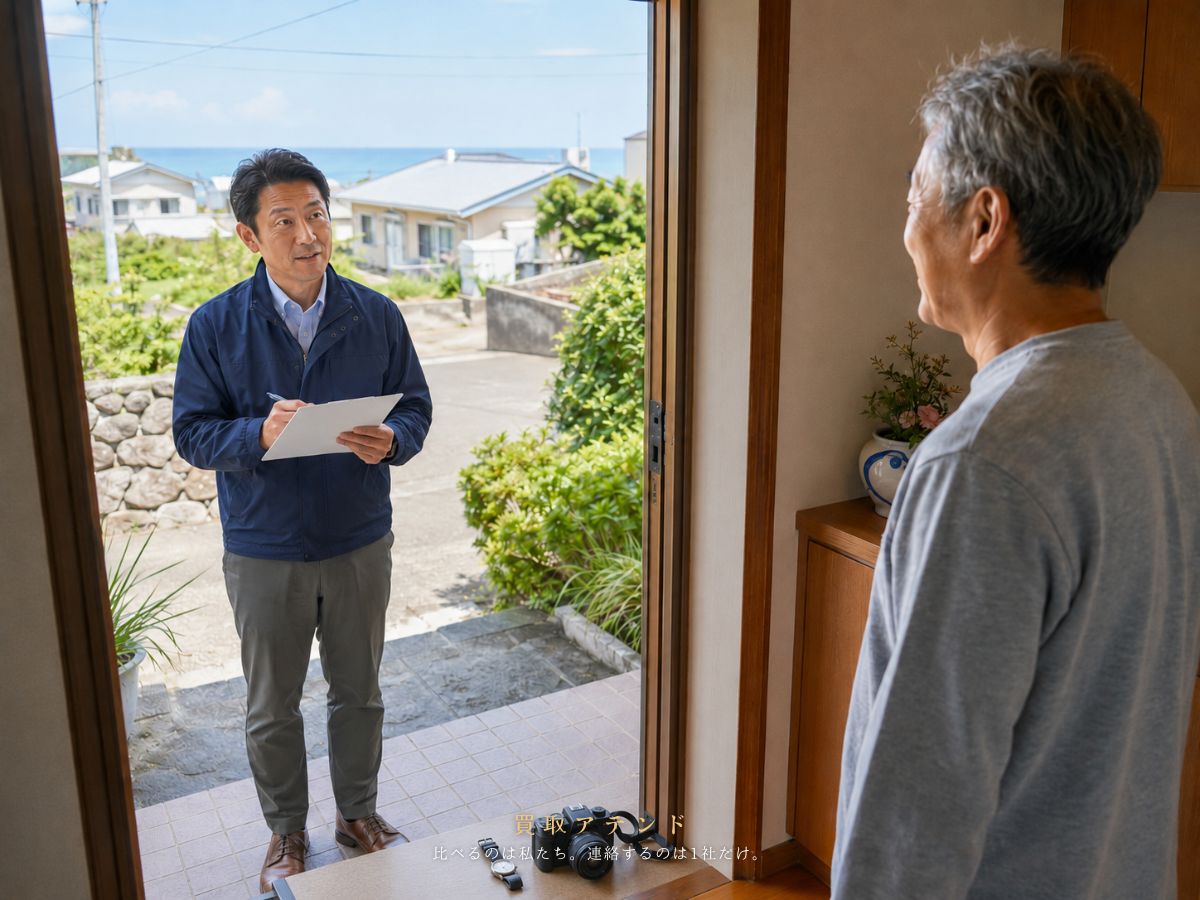 新島村の住宅玄関で出張買取の訪問確認をするイメージ 新島村の住宅玄関で日本人スタッフが屋外側から品物と搬出経路を確認しているイメージ