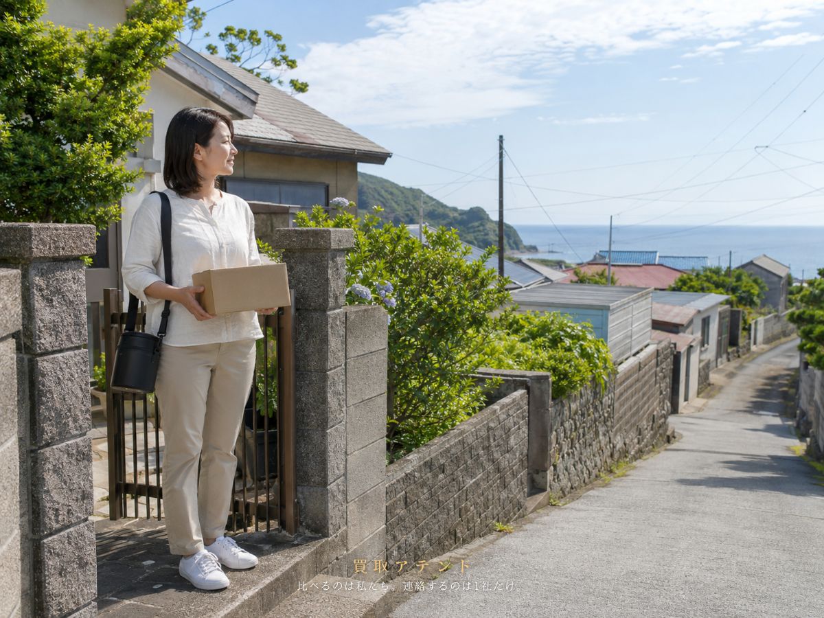 新島村の本村・若郷・式根島で訪問先を確認するイメージ 新島村の低層住宅と海が見える集落で出張買取の訪問先を確認するイメージ