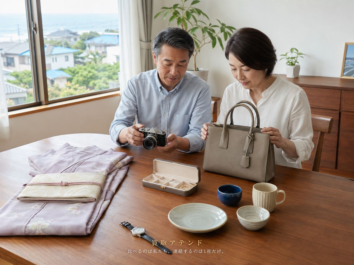 新島村で出張買取を相談できる品物のイメージ 新島村の住宅でブランド品や時計、カメラ、着物、食器などを確認しているイメージ
