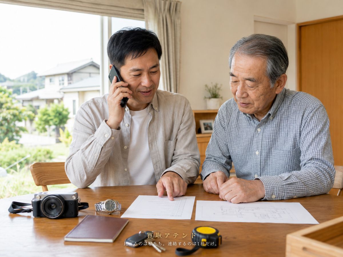 新島村の出張買取相談前に内容を確認するイメージ 日本人家族が新島村の出張買取相談前に品物と建物条件を電話とメモで確認しているイメージ
