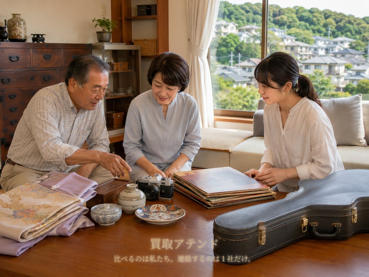 二宮町の自宅で出張買取の相談品を確認するイメージ 二宮町の戸建てで日本人家族が着物や食器、カメラ、レコード、楽器ケースを整理しているイメージ