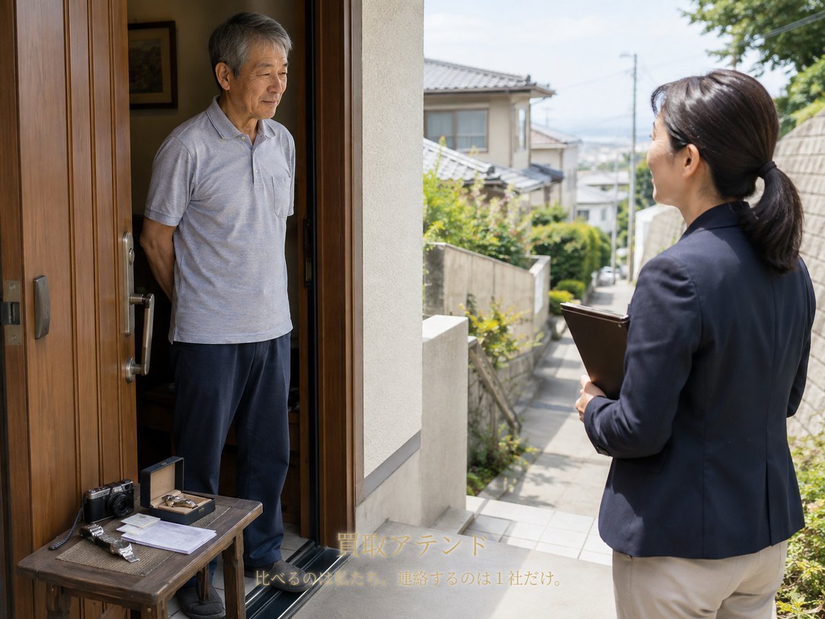 二宮町の自宅玄関で行う出張買取査定のイメージ 二宮町の住宅玄関で住人が室内側、紹介先スタッフが屋外側から時計やカメラを確認しているイメージ