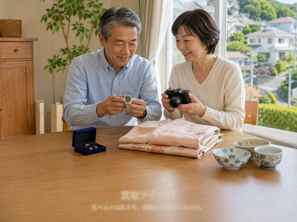 二宮町の自宅で出張買取を相談する品物のイメージ 二宮町の戸建てで日本人夫婦が時計やカメラ、ジュエリー、着物、食器を確認しているイメージ