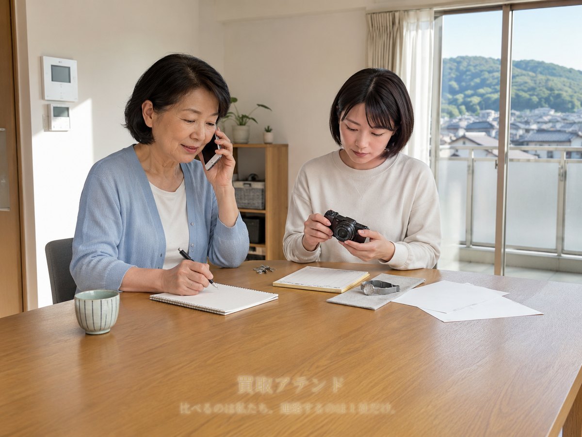 二宮町の出張買取相談前に建物条件を確認するイメージ 二宮町の集合住宅で日本人親子が電話をしながら保証書や鍵、建物条件を確認しているイメージ
