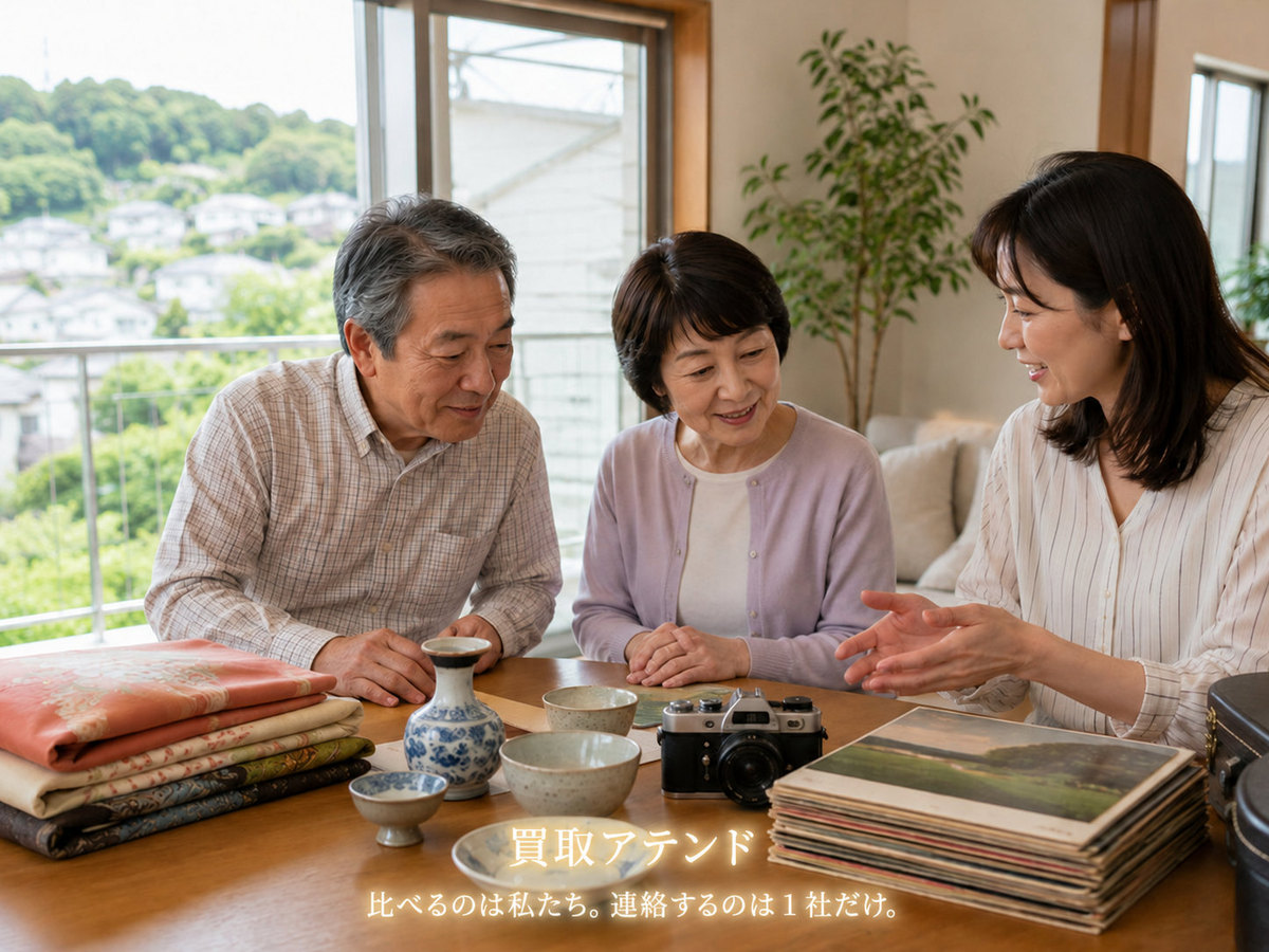 横浜市西区の住宅で日本人夫婦と家族が着物や食器、カメラ、レコードなどを確認しているイメージ