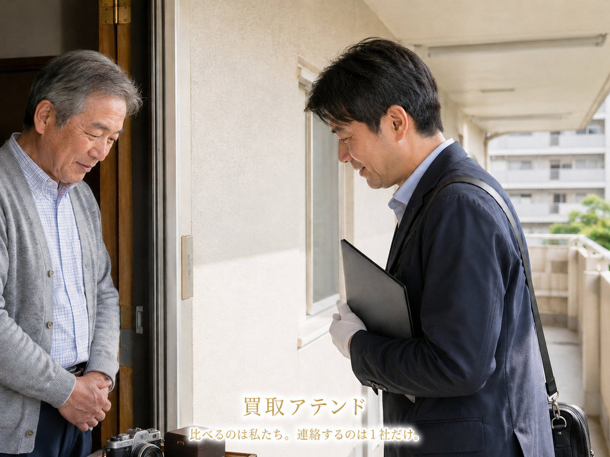 横浜市西区の集合住宅玄関で住人が室内側、紹介先スタッフが共用廊下側から品物を確認するイメージ