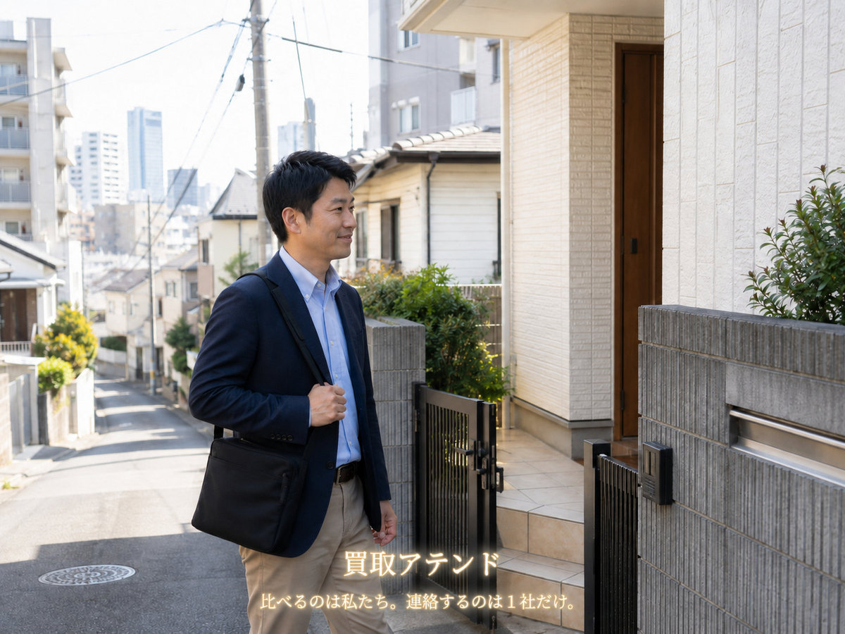 横浜市西区の坂のある住宅街で日本人スタッフが戸建てへ向かうイメージ