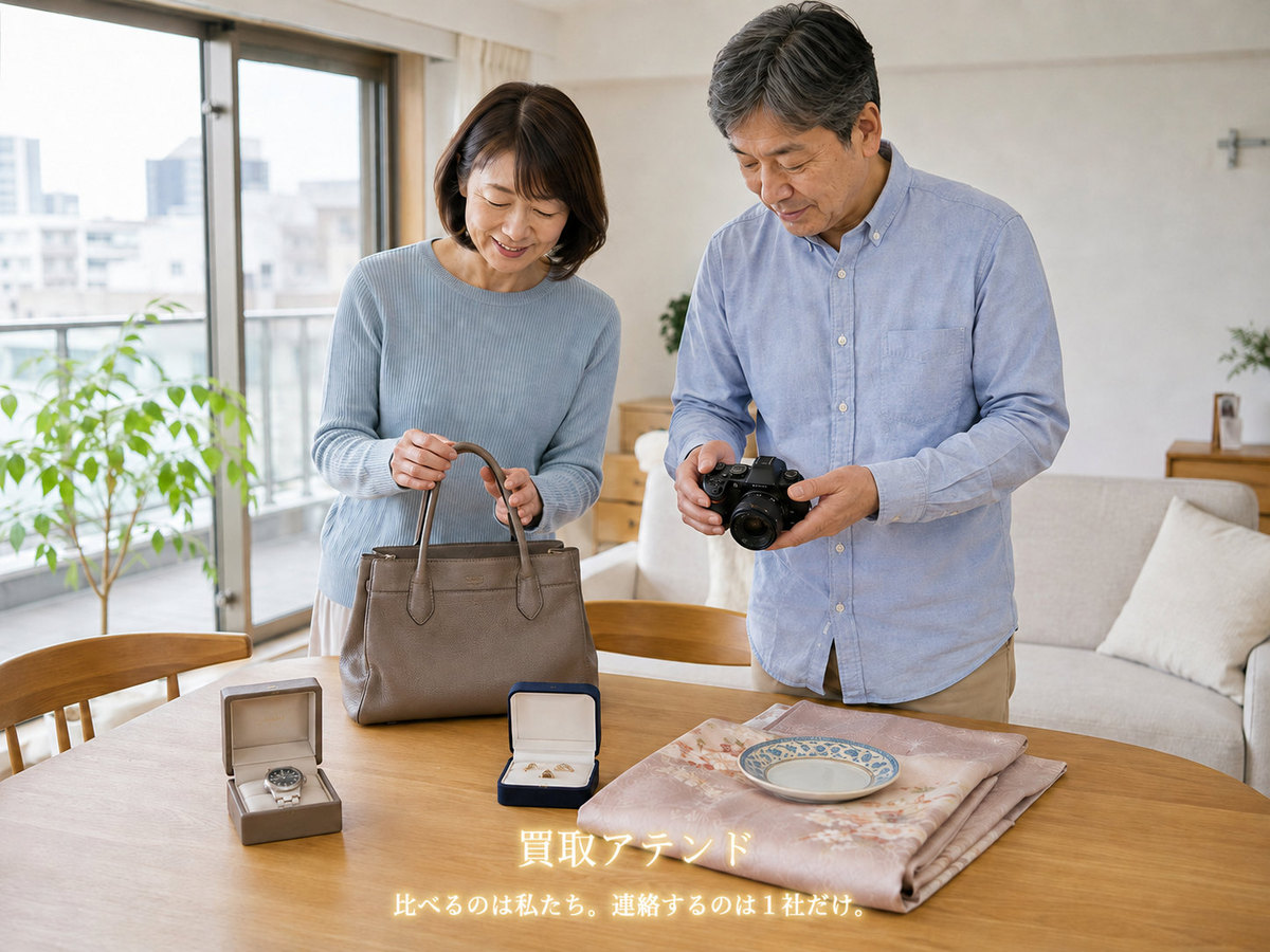 横浜市西区の明るい集合住宅で日本人夫婦がバッグや時計、カメラ、ジュエリー、食器を確認しているイメージ