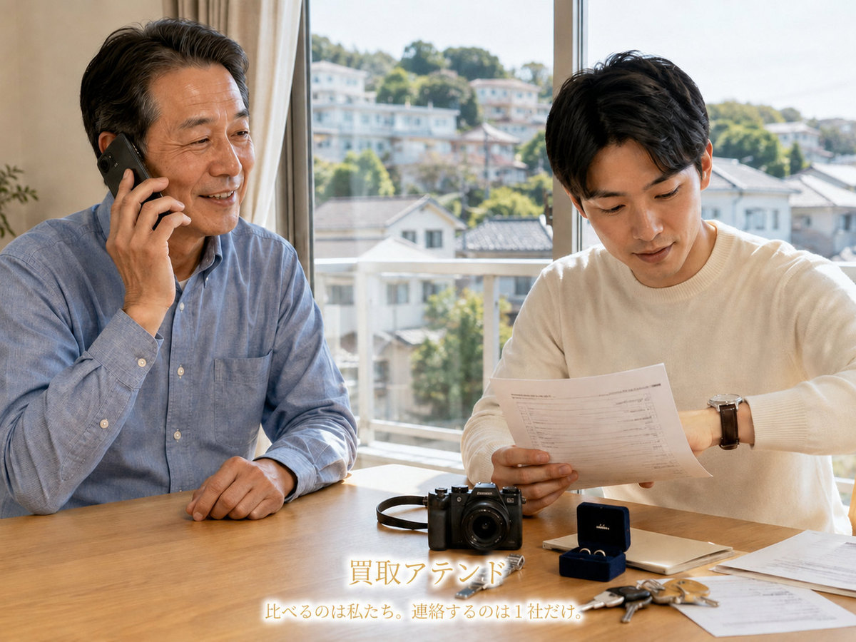 横浜市西区の住宅で日本人家族が電話しながらカメラや保証書、鍵、建物条件を確認しているイメージ