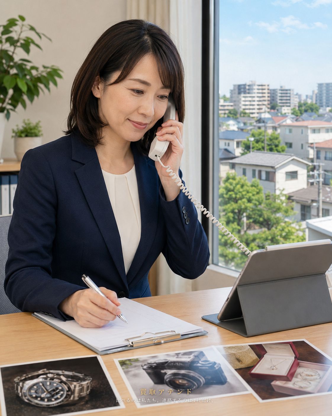 西東京市の出張買取相談を電話確認する日本人スタッフ 日本人スタッフが西東京市の出張買取相談内容を電話で確認しているイメージ