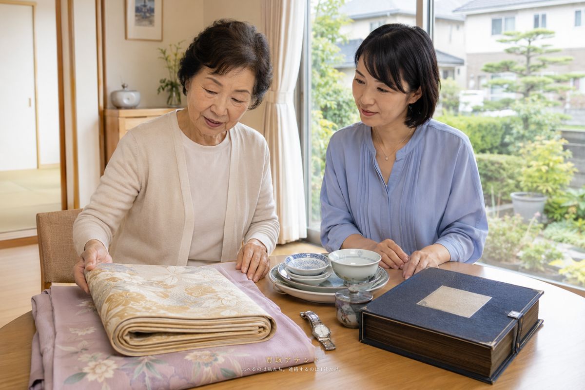 西東京市の自宅で出張買取の相談品を確認するイメージ 西東京市の自宅で家族が出張買取を相談する品物を確認しているイメージ