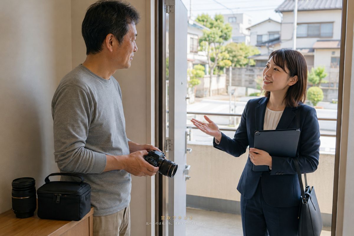 西東京市のマンション玄関で出張買取の説明を受けるイメージ 西東京市のマンション玄関で住人が出張買取スタッフの説明を受けているイメージ