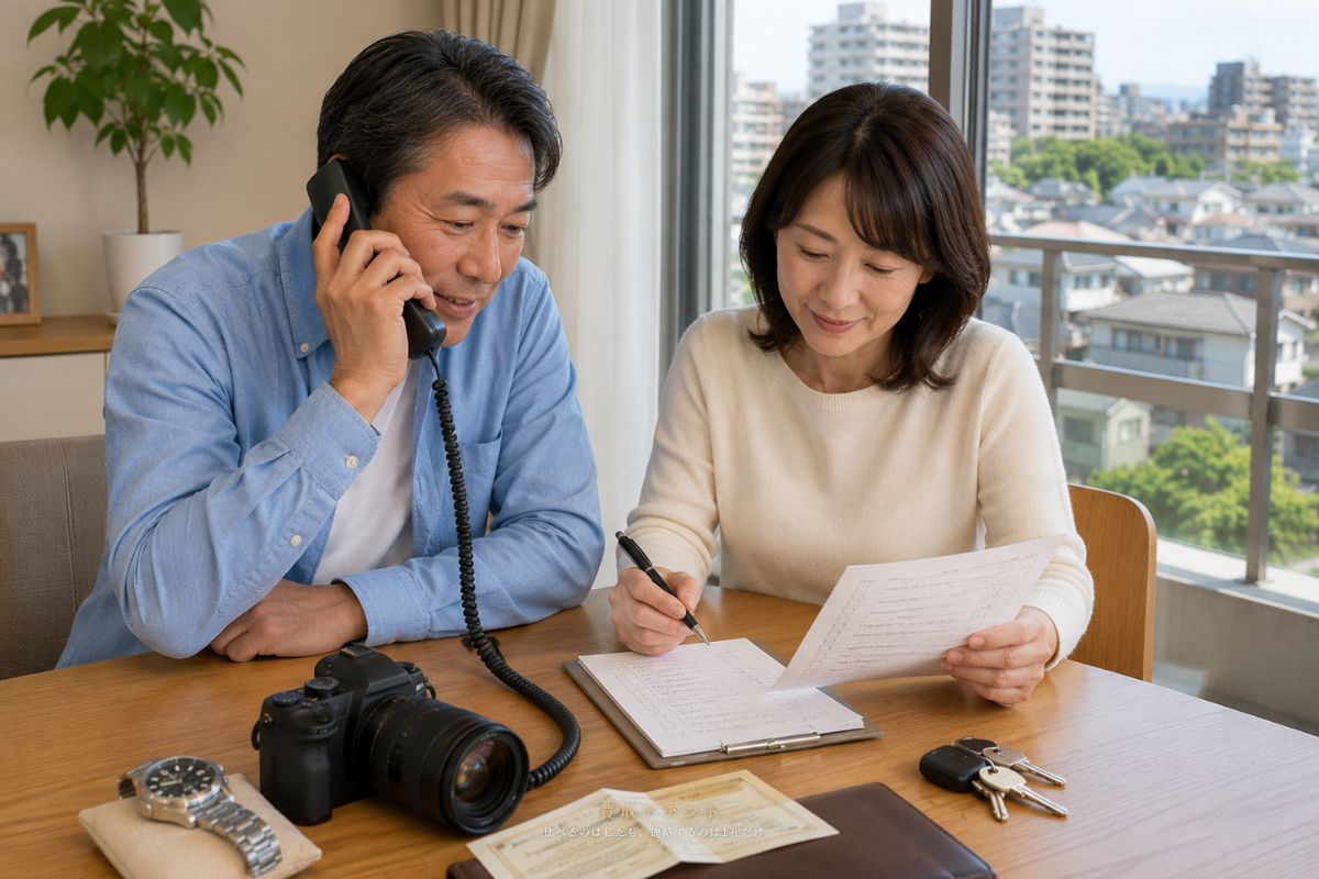西東京市の出張買取相談前に内容を確認するイメージ 日本人夫婦が西東京市の出張買取相談内容を電話とメモで確認しているイメージ